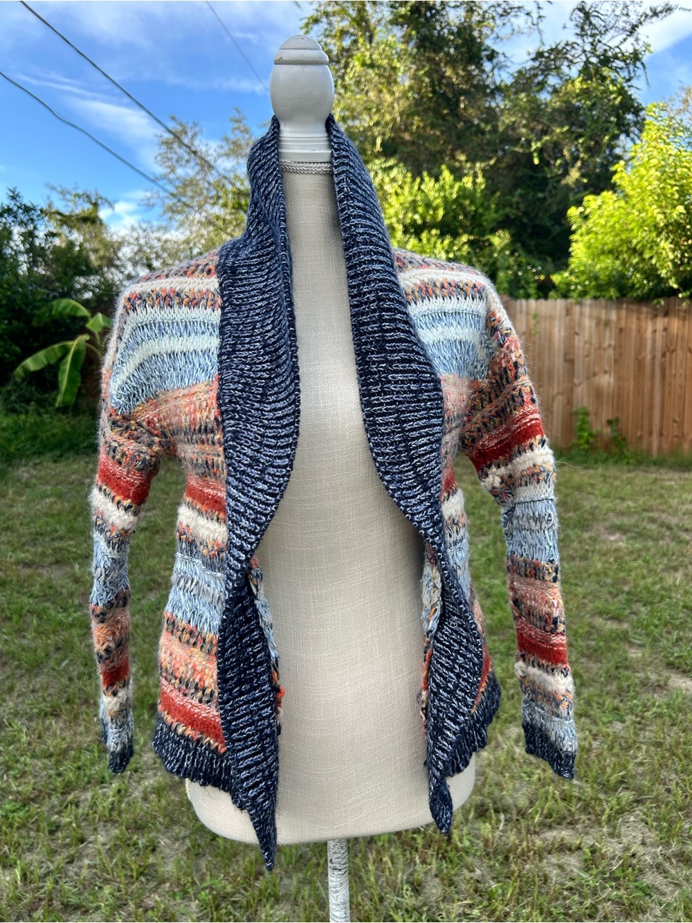 Knitted & Knotted Chunky Knit Cardigan Shawl Collar Navy Striped Boho Open Front